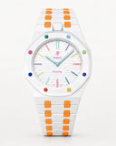 Correa de cerámica blanca y naranja y caja para el AP x Swatch Royal Pop Huit Blanc, vista frontal | WatchCollab