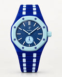 Keramikarmband in Blau zweifarbig mit Gehäuse für die AP x Swatch Royal Pop Làn Ba, Frontansicht | WatchCollab
