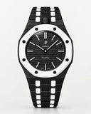 Keramikarmband in Schwarz-Weiß mit Gehäuse für die AP x Swatch Royal Pop Ocho Negro, Frontansicht | WatchCollab