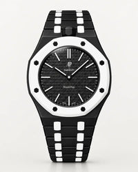 Black and white ceramic strap and case for the AP x Swatch Royal Pop Ocho Negro, front view | WatchCollab