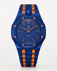 Keramikarmband in Blau-Orange mit Gehäuse für die AP x Swatch Royal Pop Orenji Hachi, Frontansicht | WatchCollab