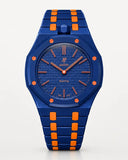 Keramikarmband in Blau-Orange mit Gehäuse für die AP x Swatch Royal Pop Orenji Hachi, Frontansicht | WatchCollab