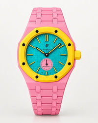 Pink ceramic strap and case for the AP x Swatch Royal Pop Otg Roz, front view | WatchCollab