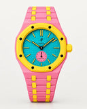 Keramikarmband in Rosa-Gelb mit Gehäuse für die AP x Swatch Royal Pop Otg Roz, Frontansicht | WatchCollab