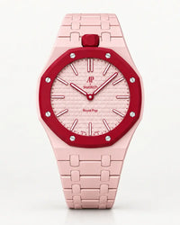 Bracelet céramique rose poudré et boîtier pour l'AP x Swatch Royal Pop Otto Rosso, vue de face | WatchCollab