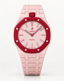 Bracelet céramique rose poudré et boîtier pour l'AP x Swatch Royal Pop Otto Rosso, vue de face | WatchCollab