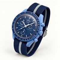 Armband für Omega x Swatch MoonSwatch Mission to Neptune, Premium-Canvas in Marineblau mit weißem Streifen