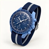 Armband für Omega x Swatch MoonSwatch Mission to Neptune, Premium-Canvas in Marineblau mit weißem Streifen