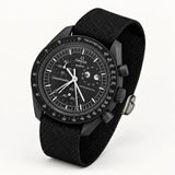 Plain black fabric strap on MoonSwatch Moonphase New Moon