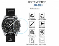 Verre trempé HD posé sur une Omega x Swatch MoonSwatch Speedmaster, protection d'écran 9H anti-rayures