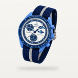 Blue NATO nylon strap with white stripe on MoonSwatch Super Blue Moonphase