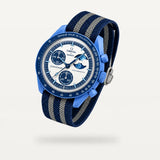 Blue NATO nylon strap with two stripes on MoonSwatch Super Blue Moonphase