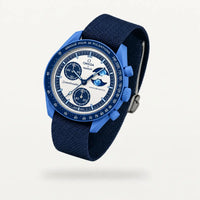 Plain blue NATO nylon strap on MoonSwatch Super Blue Moonphase