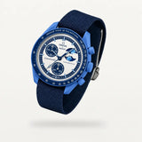 Plain blue NATO nylon strap on MoonSwatch Super Blue Moonphase