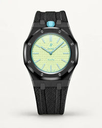 Black textile-effect strap for AP x Swatch Royal Pop Blaue Acht, black case (crown at 12 o'clock)