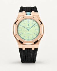 Black textile-effect strap for AP x Swatch Royal Pop Blaue Acht, rose gold case (crown at 12 o'clock)