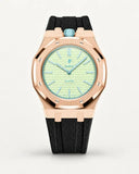 Black textile-effect strap for AP x Swatch Royal Pop Blaue Acht, rose gold case (crown at 12 o'clock)