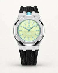 Black textile-effect strap for AP x Swatch Royal Pop Blaue Acht, silver case (crown at 12 o'clock)