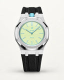 Black textile-effect strap for AP x Swatch Royal Pop Blaue Acht, silver case (crown at 12 o'clock)