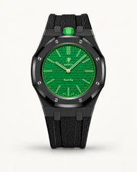 Black textile-effect strap for AP x Swatch Royal Pop Green Eight, black case (crown at 12 o'clock)