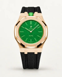Black textile-effect strap for AP x Swatch Royal Pop Green Eight, rose gold case (crown at 12 o'clock)