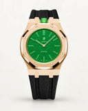 Black textile-effect strap for AP x Swatch Royal Pop Green Eight, rose gold case (crown at 12 o'clock)