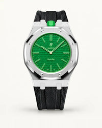Black textile-effect strap for AP x Swatch Royal Pop Green Eight, silver case (crown at 12 o'clock)
