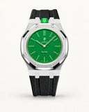 Black textile-effect strap for AP x Swatch Royal Pop Green Eight, silver case (crown at 12 o'clock)