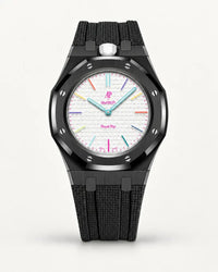 Cinturino effetto tessuto nero per AP x Swatch Royal Pop Huit Blanc, cassa nera (corona a ore 12)