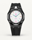 Cinturino effetto tessuto nero per AP x Swatch Royal Pop Huit Blanc, cassa nera (corona a ore 12)