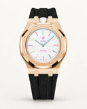 Cinturino effetto tessuto nero per AP x Swatch Royal Pop Huit Blanc, cassa oro rosa (corona a ore 12)