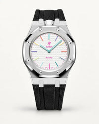 Cinturino effetto tessuto nero per AP x Swatch Royal Pop Huit Blanc, cassa argento (corona a ore 12)