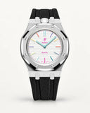Cinturino effetto tessuto nero per AP x Swatch Royal Pop Huit Blanc, cassa argento (corona a ore 12)