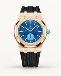 Black textile-effect strap for AP x Swatch Royal Pop Làn Ba, rose gold case (crown at 3 o'clock)