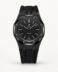 Black textile-effect strap for AP x Swatch Royal Pop Ocho Negro, black case (crown at 12 o'clock)
