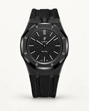 Black textile-effect strap for AP x Swatch Royal Pop Ocho Negro, black case (crown at 12 o'clock)