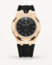 Black textile-effect strap for AP x Swatch Royal Pop Ocho Negro, rose gold case (crown at 12 o'clock)