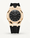 Black textile-effect strap for AP x Swatch Royal Pop Ocho Negro, rose gold case (crown at 12 o'clock)