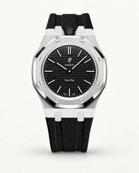 Black textile-effect strap for AP x Swatch Royal Pop Ocho Negro, silver case (crown at 12 o'clock)