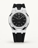 Black textile-effect strap for AP x Swatch Royal Pop Ocho Negro, silver case (crown at 12 o'clock)