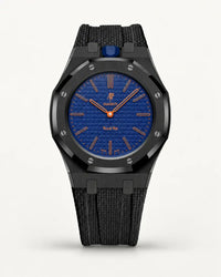 Cinturino effetto tessuto nero per AP x Swatch Royal Pop Orenji Hachi, cassa nera (corona a ore 12)