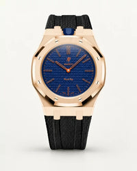 Cinturino effetto tessuto nero per AP x Swatch Royal Pop Orenji Hachi, cassa oro rosa (corona a ore 12)