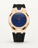 Cinturino effetto tessuto nero per AP x Swatch Royal Pop Orenji Hachi, cassa oro rosa (corona a ore 12)