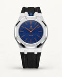 Cinturino effetto tessuto nero per AP x Swatch Royal Pop Orenji Hachi, cassa argento (corona a ore 12)