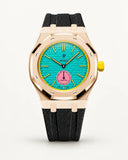 Black textile-effect strap for AP x Swatch Royal Pop Otg Roz, rose gold case (crown at 3 o'clock)