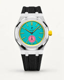 Black textile-effect strap for AP x Swatch Royal Pop Otg Roz, silver case (crown at 3 o'clock)