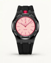 Black textile-effect strap for AP x Swatch Royal Pop Otto Rosso, black case (crown at 12 o'clock)