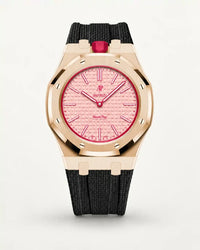 Black textile-effect strap for AP x Swatch Royal Pop Otto Rosso, rose gold case (crown at 12 o'clock)