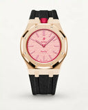 Black textile-effect strap for AP x Swatch Royal Pop Otto Rosso, rose gold case (crown at 12 o'clock)