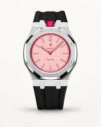 Black textile-effect strap for AP x Swatch Royal Pop Otto Rosso, silver case (crown at 12 o'clock)